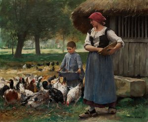 鶏に餌をやる農場の少女（キャンバスに油彩）