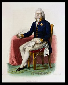 机に向かっているチャールズモーリスドゥタリランペリゴール（1754-1838）の肖像画、E。メネシェ作の「ルプルタルクフランセ」のイラスト、デライストレ作、1835年