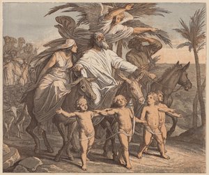 約束の地を見るアブラハム、『創世記』12章7節（彩色版画） 作： Julius (after) Schnorr von Carolsfeld