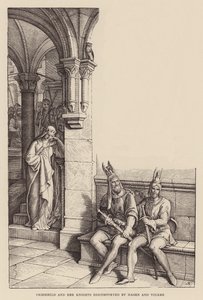 ハーゲンとフォルカーに不快感を抱くクリームヒルトと騎士たち（エングレーヴィング） 作： Julius (after) Schnorr von Carolsfeld