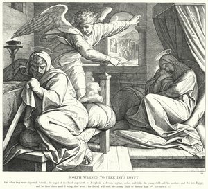 ヨセフはエジプトに逃れるように警告された（エングレービング 作： Julius (after) Schnorr von Carolsfeld
