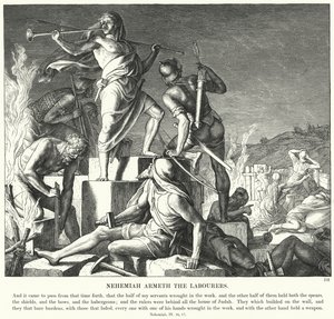 ネヘミアは労働者を武装させる（彫刻 作： Julius (after) Schnorr von Carolsfeld