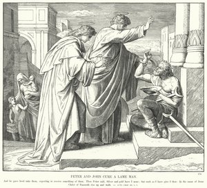 ペテロとヨハネが足の不自由な人を治療する様子（エングレービング 作： Julius (after) Schnorr von Carolsfeld