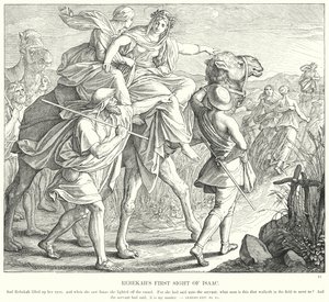レベッカが初めてイサクを見た時の様子（彫刻 作： Julius (after) Schnorr von Carolsfeld