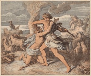 アベルの死、創世記、IV、8（彩色版画） 作： Julius (after) Schnorr von Carolsfeld