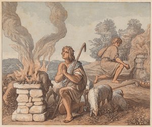 カインとアベルの供え物、創世記、IV、3、4（彩色版画） 作： Julius (after) Schnorr von Carolsfeld