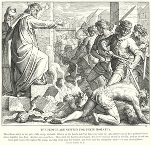 民衆はその偶像崇拝のために叩かれている（エングレービング 作： Julius (after) Schnorr von Carolsfeld