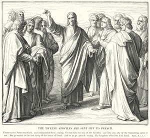 12人の使徒が説教のために送り出される（エングレービング 作： Julius (after) Schnorr von Carolsfeld