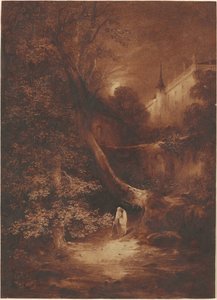 宮殿の近くを歩く修道士のいる月明かりに照らされた風景 作： Julius Albert Elsasser