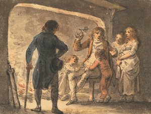 暖炉で燃える火、父が子どもたちに歴史を語る 作： ジュリアスシーザーイベットソン
