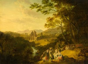 ウォッシャーウーマンと牛のいるロスリン城、1800年頃（キャンバスに油彩） 作： Julius Caesar Ibbetson