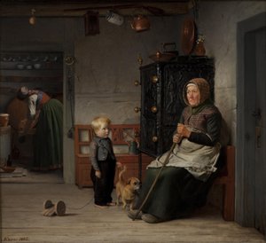 農家でビールのジョッキを待っている貧しい女性 作： Julius Exner