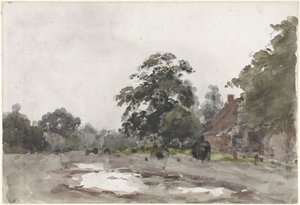 前景に水がある背の高い木の下の農場 作： Julius Jacobus van de Sande Bakhuyzen