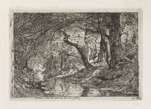 海岸に小川と木々がある森の風景 作： Julius Jacobus van de Sande Bakhuyzen