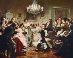 フランツ・シューベルト（1797-1828）、ウィーンのサロンでの「シューベルトの夕べ」でピアノを弾く - ユリウス・シュミット（1854-1935）によるエングレーヴィング 作： Julius Schmid