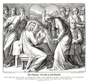 マグダラのマリアがイエスに宣誓する、マタイの福音書 作： Julius Schnorr von Carolsfeld