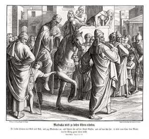モルデカイは王から名誉を与えられ、エステルは 作： Julius Schnorr von Carolsfeld