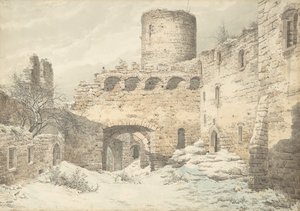 廃墟となった中世の城の中庭の冬景色（1832年）。 作： Julius von Leypold