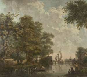 オランダの風景を描いた 3 つの壁掛け 開いた橋のあるオランダの風景の壁紙 オランダの風景を描いた 3 枚の壁紙 作： Jurriaan Andriessen (attributed to)