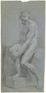 座っている男性の裸体、左手は右膝の上