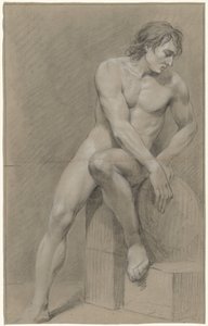 座っている男性の裸体、右を向いてブロックに左足を乗せている