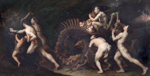「ラ カルカス: 怪物の骸骨に描かれた魔女」、17 世紀 作： Jusepe de Ribera