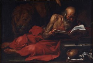 「聖ジェロームの表現」（ストリドンの聖ジェローム、347-420） ホセ・デ・リベラ作（1591-1652） 薄暗い 103.2x149 cm ヴィラ・マルゲリータ、ボルディゲーラ 作： Jusepe de Ribera