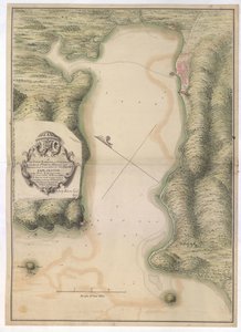 ポルト・ベッロの町と港の見取り図。ポルト・ベッロの港と要塞：VERNON / By Justly Watson; Enginr: 1742.