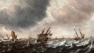 前景にクジラがいる波乱の海での船積み