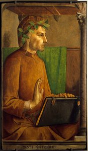 Dante Alighieri (1265-1321) による詩人の肖像画 Juste De Ghent (1435-1480) による絵画 15 世紀、木に油彩、薄暗い。 1,15 X 0,64 m。 パリ。 ルーヴル美術館 - 詩人ダンテ アリギエーリ (1265-1321) の肖像画。 Juste de Ghent（1435-1480）による絵画