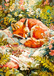 お茶を飲む眠るキツネ 作： 