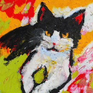 鮮やかな猫の絵画