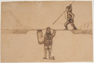 東グリーンランドの伝説からのモチーフ (囚人が海の生き物、半分アザラシ、半分アザラシ、半分人間であり、クマのミットと鳥の爪を持つトゥピラクに対してモリを上げます) 作： Kaarale Andreassen