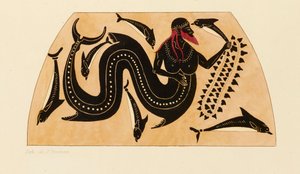イルカを伴うポセイドンを示すギリシャのアンフォラの装飾の版画、c1858。 作： Kaeppelin et Compagnie