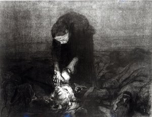 戦いの後、シリーズ「農民の反乱」、1907年から（エッチング、彫刻、アクアチント） 作： Käthe Kollwitz