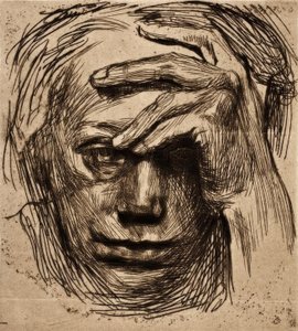 額に手を置いた自画像 作： Käthe Kollwitz
