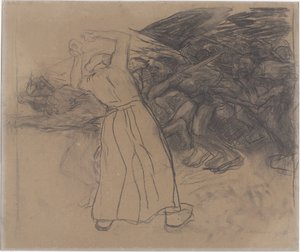立っている民俗女性が前進する男性グループを励ます Losbruch (原題) 作： Käthe Kollwitz