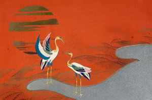 湖に沈む夕日の鳥