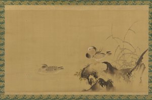 風景の中のオシドリ、江戸時代、17世紀半ばから18世紀初頭.