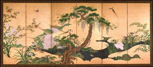 春と夏の鳥と花 - 永野、狩野（1631-1697） - 17世紀後半。 - 紙に水彩、インク - 153x361 - サントリー美術館 作： Kano Eino