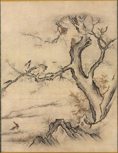 春の風景の中の花と鳥、1500年代。 作： Kano Motonobu