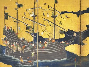 南部の野蛮人の詳細、17世紀初頭の2つの6パネルスクリーン