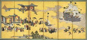 17世紀初頭の南部の野蛮人、6枚のパネルを備えたスクリーンが取引される 作： Kano Naizen