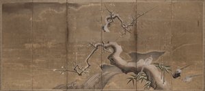 梅の木とキジ鳥が去った冬のシーン、1600年代初頭。 作： Kano Naonobu