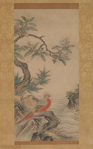 木々の間のキジ。四季の花」1560年代頃の作品。 作： Kano Shoei