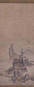 薄霧の山村（紙にインク）