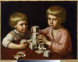 遊んでいる子供たち（遊んでいる子供たち）。 トランプから立方体を作った 2 人の兄弟が、それらをテーブルに積み上げます。 カピトン・ステパノビッチ・パブロフ（1792-1852）による絵画、キャンバスに油彩