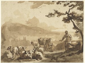 羊と牛の群れを持つ羊飼いのいる山の風景 作： Karel Du Jardin