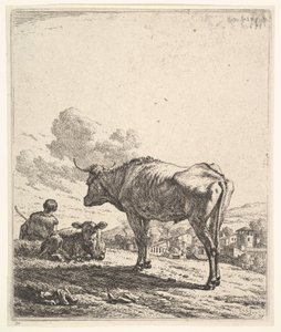 丘の中腹に牛と子牛がいる牛飼い、後ろから見た牛飼いは...、1658年に着席しました。