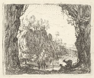 左右の前景の木々が並ぶ風景、2つのゴアのシルエット...、ca。 1641-78。 作： Karel Du Jardin